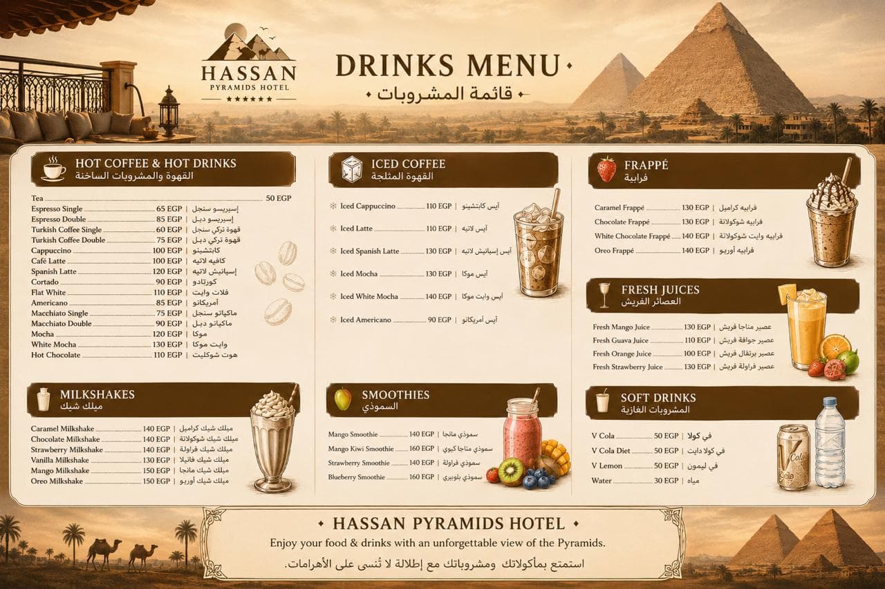 Camel Taste drinks menu - fresh juices, iced coffee, frappe, smoothies, and soft drinks