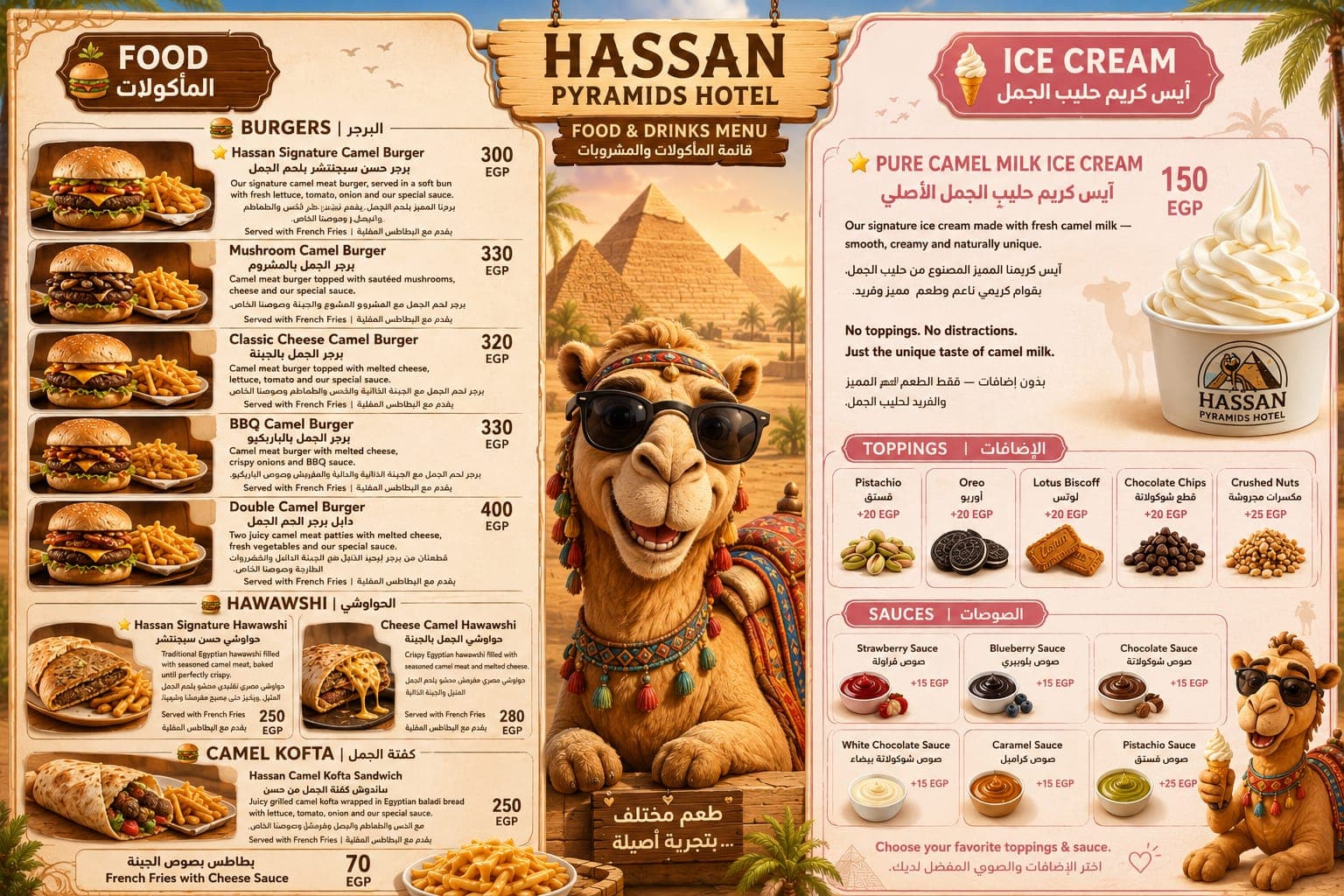Camel Taste food and ice cream menu - camel burgers, hawawshi, kofta, and pure camel milk ice cream
