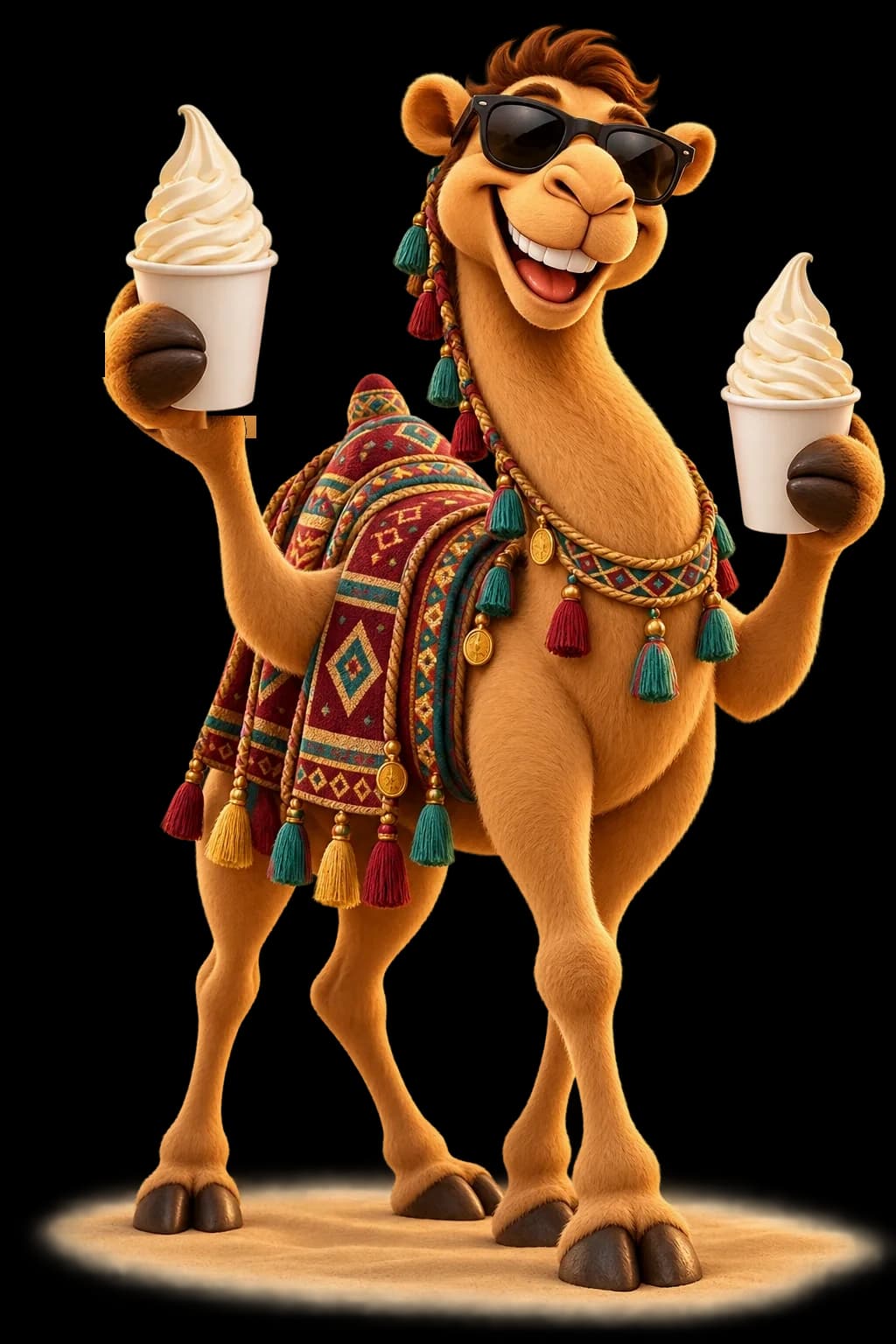 Camel Taste mascot holding camel milk ice cream