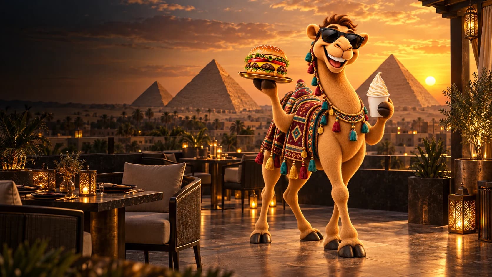 Camel Taste character on a luxury rooftop overlooking the Giza Pyramids
