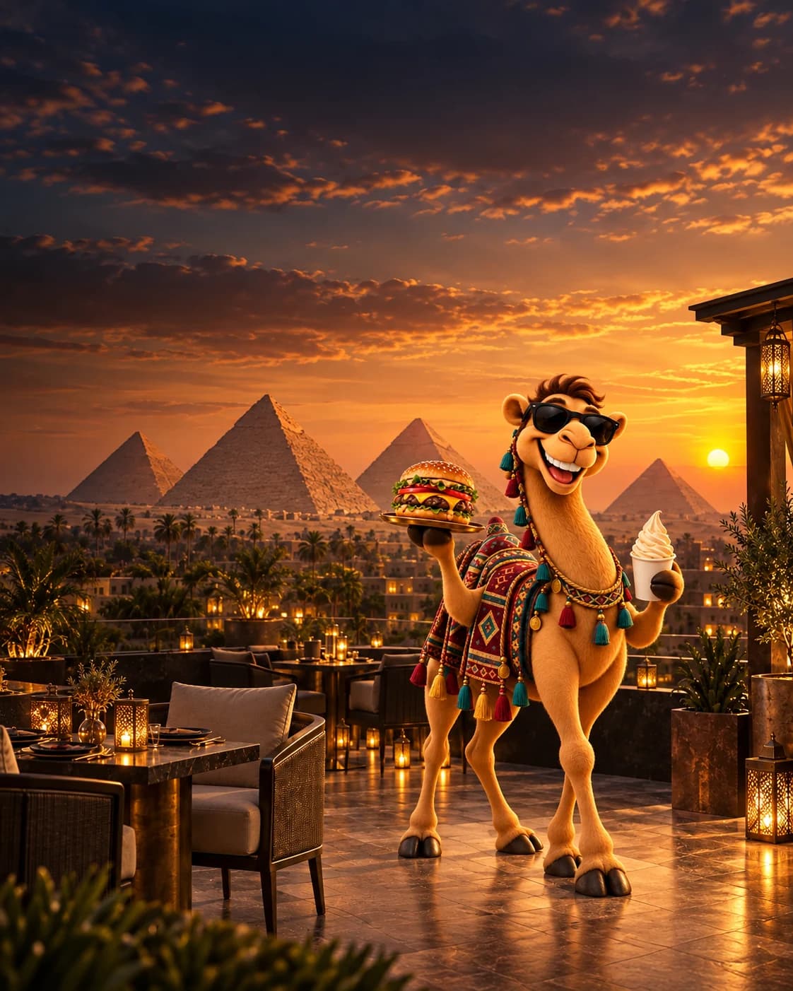 Camel Taste character with the Giza Pyramids on mobile